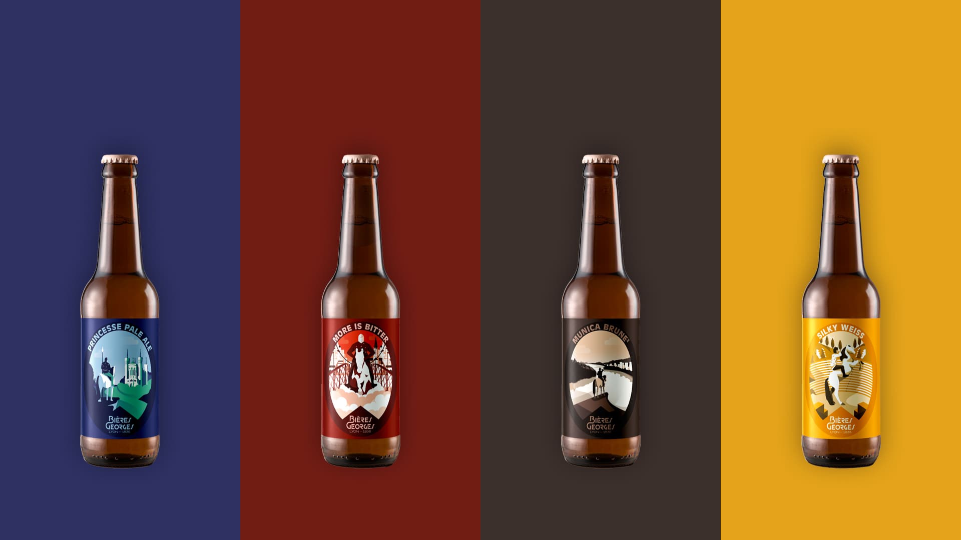 Les quatre Bières Georges sur leurs fonds de charte : Princesse Pale Ale, More is Bitter, Munica Brune² et Silky Weiss