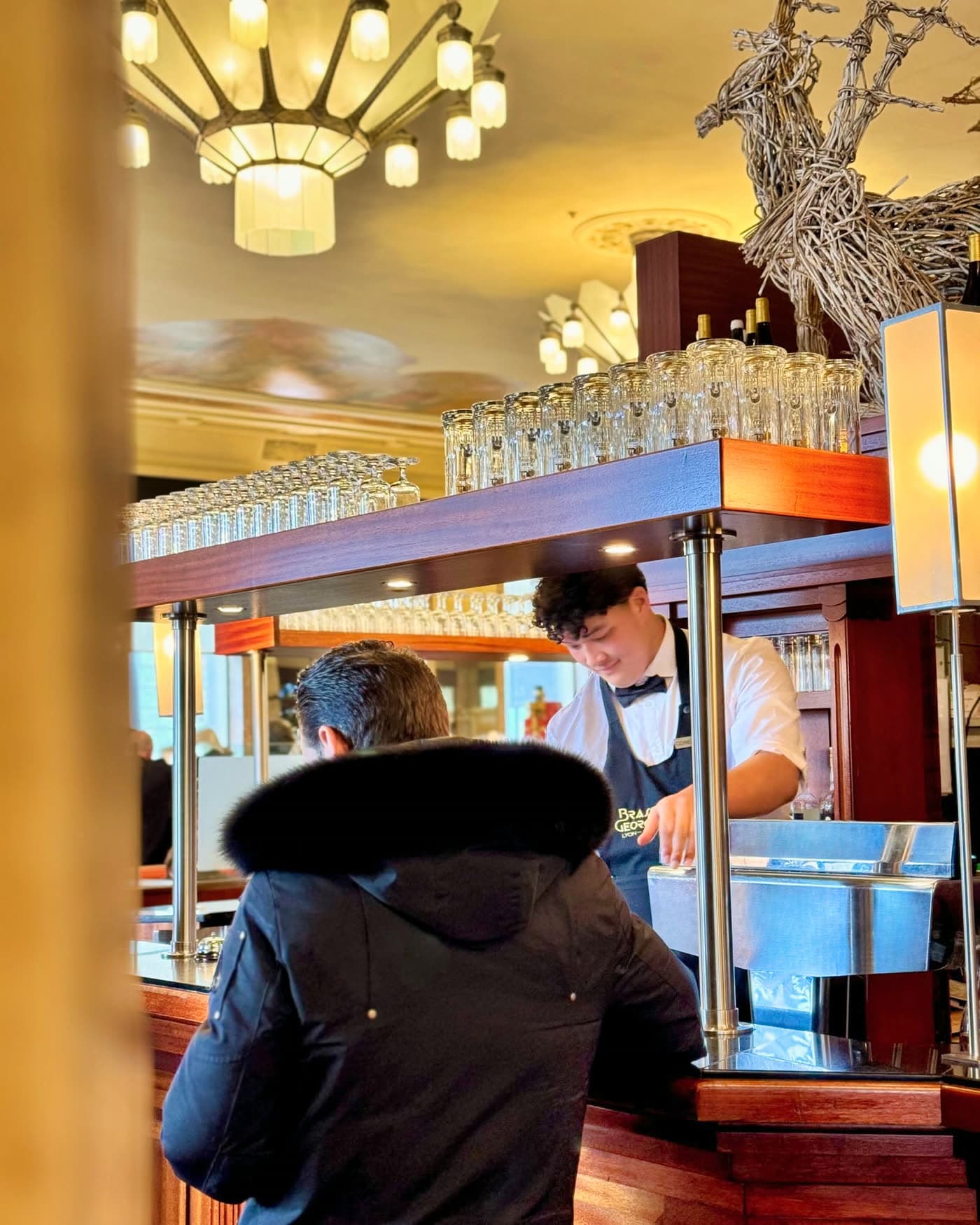 Barman servant un client de dos au comptoir, bouteilles de vin et décor bois de cerf — Brasserie Georges