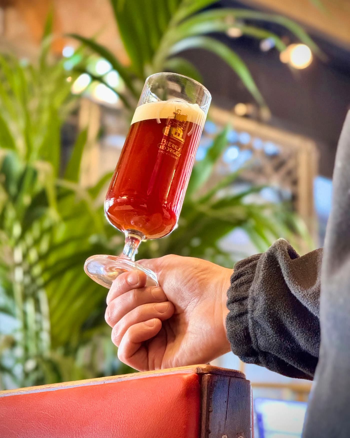 Gros plan main tenant un verre de bière rousse, plantes vertes en bokeh à l'arrière-plan — Brasserie Georges