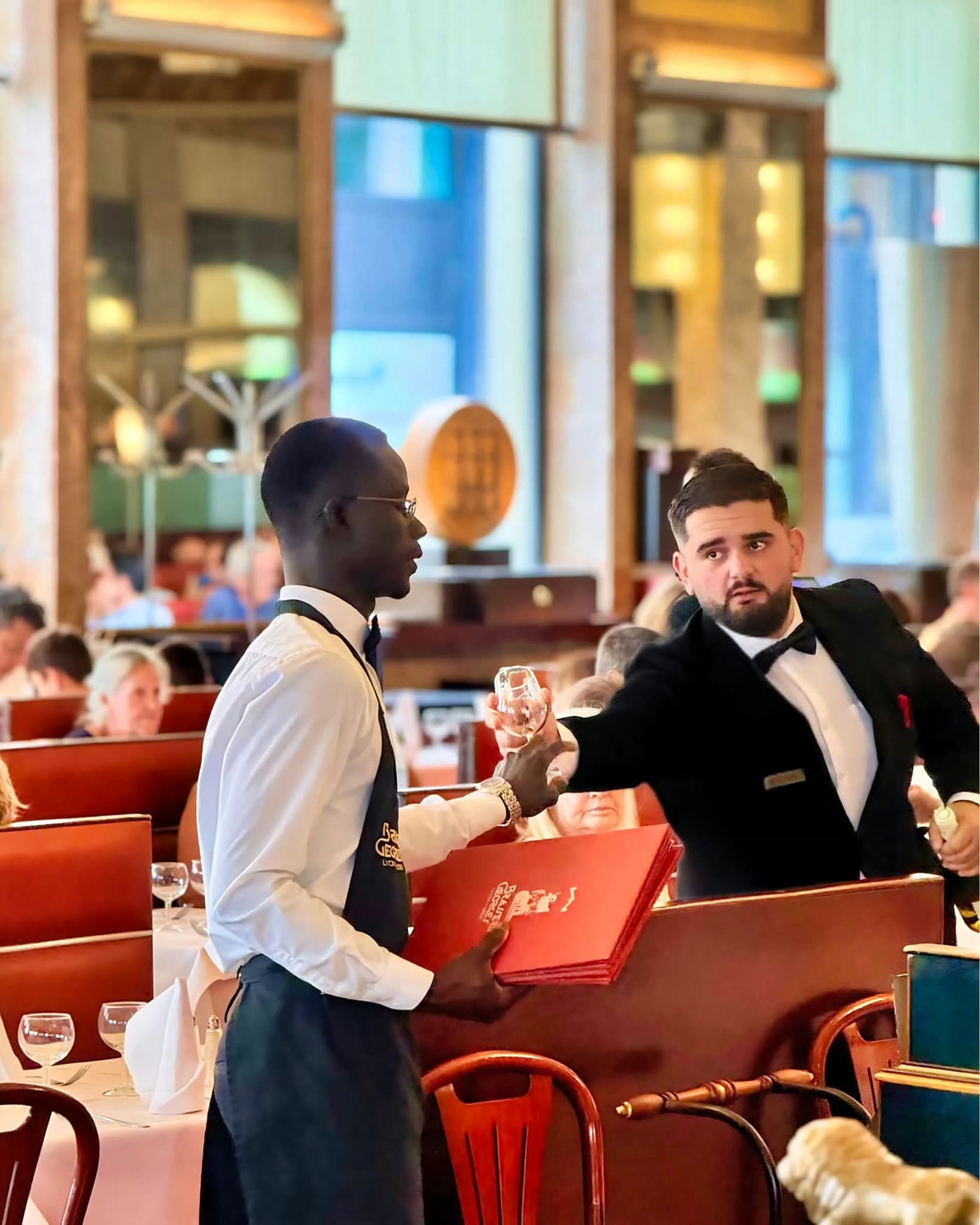 Deux serveurs échangeant un verre de vin, salle lumineuse et végétation en fond — Brasserie Georges