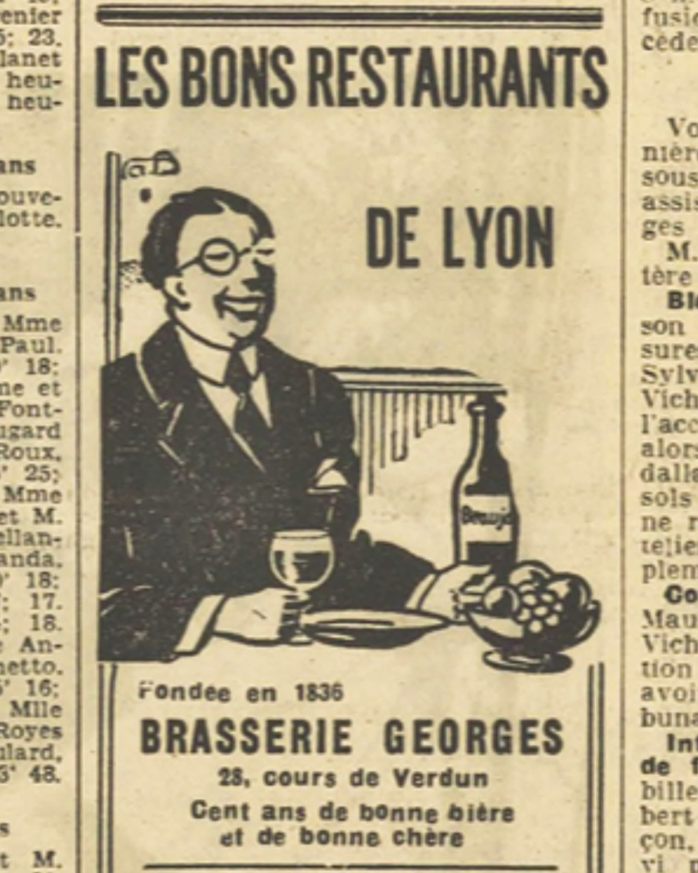 Coupure de presse ancienne illustrée présentant la Brasserie Georges fondée en 1836