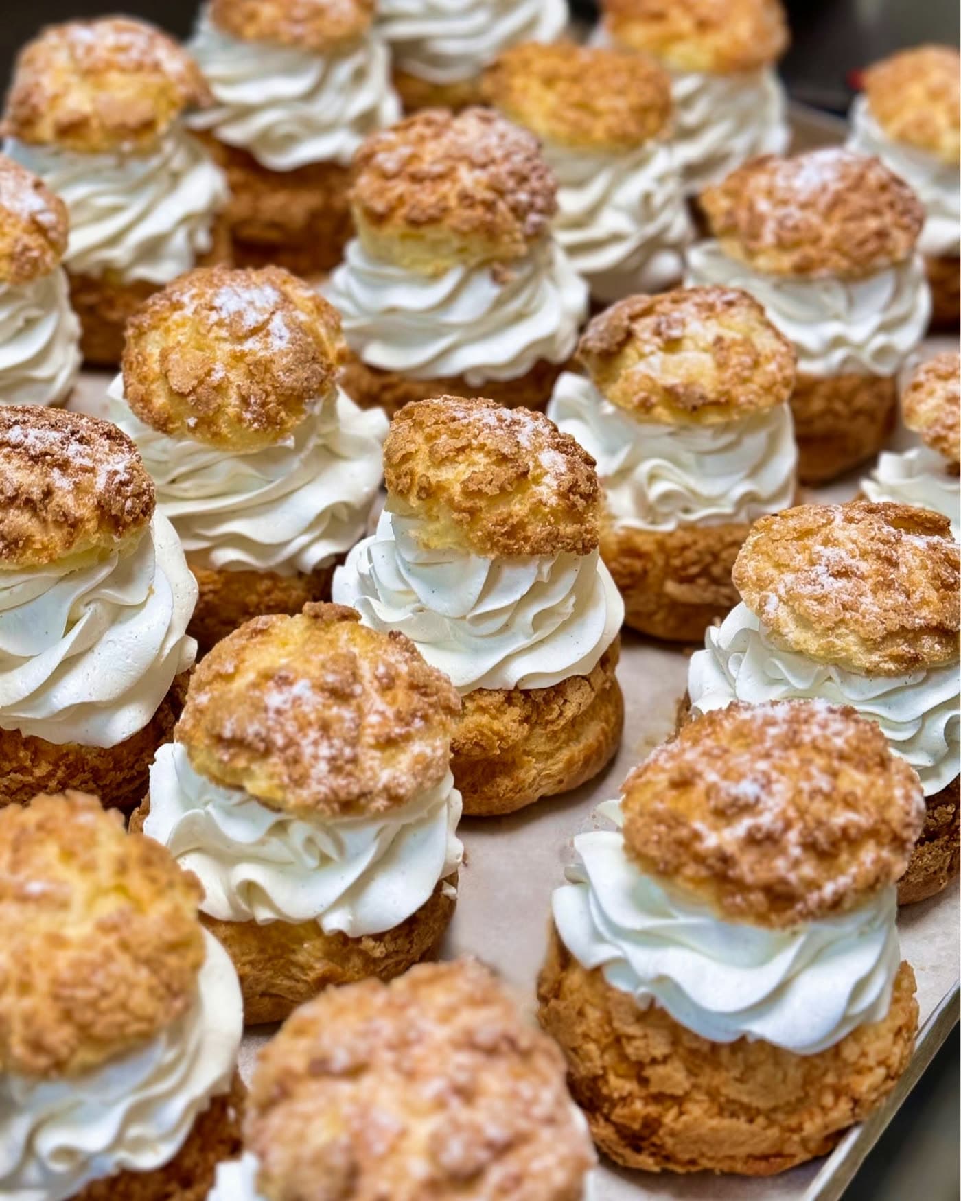 Plateau de choux à la crème chantilly saupoudrés de sucre, gros plan pâtisserie — Brasserie Georges